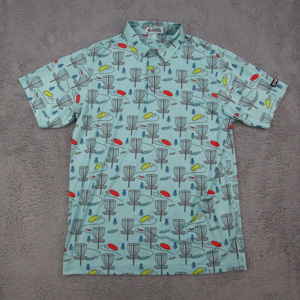 Raised by Coyotes Mens Disc Golf Polo Shirt Blue Novelty Print Stretch Size M
